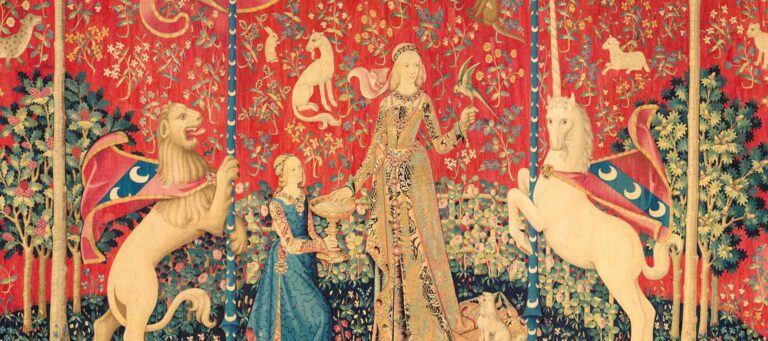 'Hearing' c1500 (detail) from 'The Lady and the Unicorn' series, Musée de Cluny — Musée National du Moyen Âge, Paris Photo © RMN-GP / M Urtado. 'Hearing' c1500 (detail) from 'The Lady and the Unicorn' series, Musée de Cluny — Musée National du Moyen Âge, Paris Photo © RMN-GP / M Urtado.